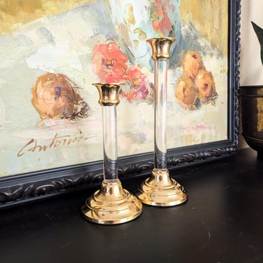 Vintage Pair Graduated Brass + Lucite Candleholders 