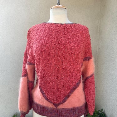 Vintage knobby knit pullover sweater top Apricot pink with fuzzy wool accents Sz M/L 