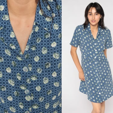 Floral Mini Dress Y2k Blue Checkered Flower Print Dress Button Up Day Dress A Line Collar Minidress Short Sleeve Summer Vintage 00s Large L 