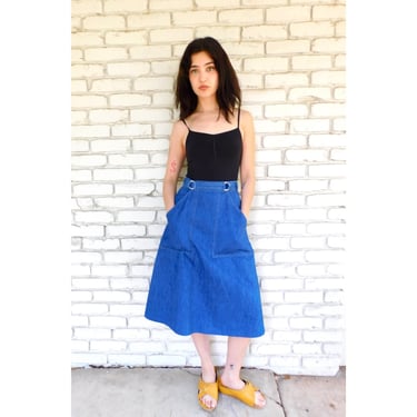 Wrap Denim Skirt // vintage 70s denim blue jean cotton dress boho 70's 1970's hippie sun high waist 1970s hippy // XS 