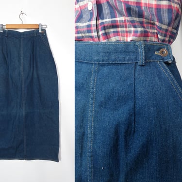 Vintage Blue Denim High Waist Distressed Pencil Midi Skirt With Adjustable Back Slit Made In USA Size 25 Waist 