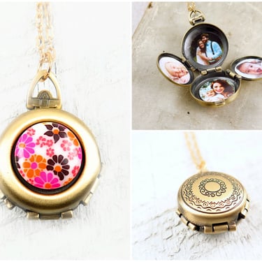 4 Photo Locket Necklace, Retro Flower Pendant, Mother's Day Necklace, Locket with Photos, Personalized Gift for Her, Mid Century Modern 