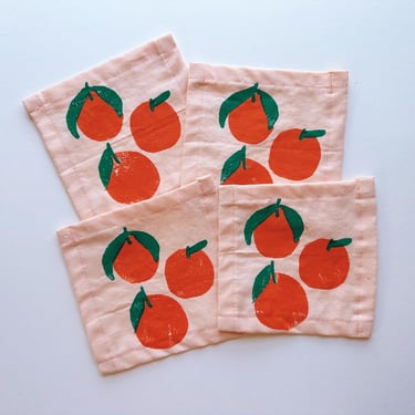 linen cocktail napkins. tangerines on blush. hand block printed. boho decor. hostess or housewarming gift. holiday winter party 