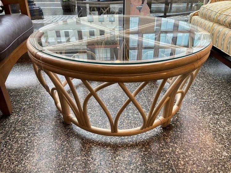 White washed rattan and glass coffee table.  38” x 18”