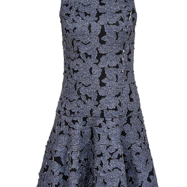 Alice &amp; Olivia - Black Mesh Mini Dress w/ Blue Floral Appliqué Sz 6