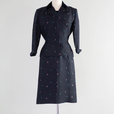 Elegant 1950's Navy Blue Floral Print Silk Dress &amp; Jacket Set / Large