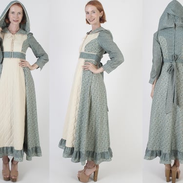 Hooded Gunne Sax Dress, Vintage 70s Cottagecore Wedding Gown, Jessica McClintock Prairie Lace Hood Maxi 