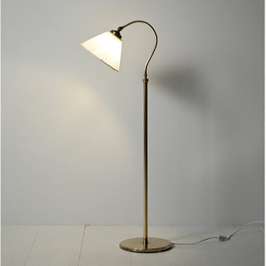 Scandinavian Curved Brass Floor Lamp with Pleated Shade, 1950s 