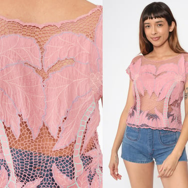 Pink Cutout Blouse 80s Embroidered Palm Tree Bali Top Flower Shirt Sheer Mesh Cut Out Top Boho Cutwork Cut Out Vintage 1980s Small S 