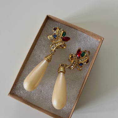 Vintage 1980s dangle earrings / 1980s rhinestone earrings / 1980s gold earrings / 1980s gold dangle earrings / madonna earrings / clip on 