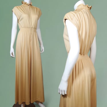 1970s vintage palazzo jumpsuit creamy beige high neck lettuce edging elastic waist extreme wide legs draping fabric (S/M) 