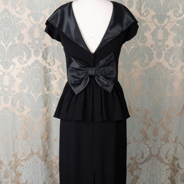 Vintage 80s Secrets Black Backless Peplum Dress with Statement Bow 