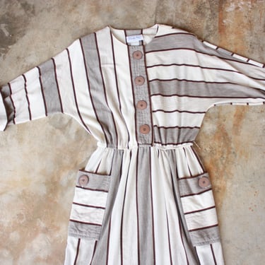 80s does 40s Leslie Fay Brown Striped Shirtdress Dolman Sleeve Size M / L 
