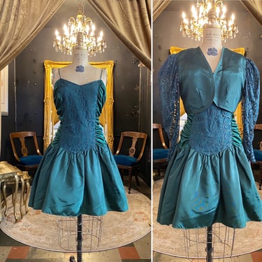 1980s prom dress, ruched satin and lace, vintage 80s dress, ruched, Marnie west, medium, forest green, dress and jacket, party, cocktail 