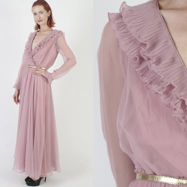 Low Cut Pink Chiffon Maxi Dress, Vintage 70s Lightweight Sheer Sleeve Gown, Sexy Wrap Style Bodice, Cocktail Party Hostess Outfit 