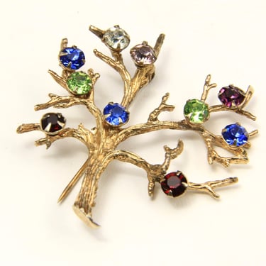 Vintage Sterling with Gold Overlay Multi-Color Rhinestone Family Tree Brooch Pin 