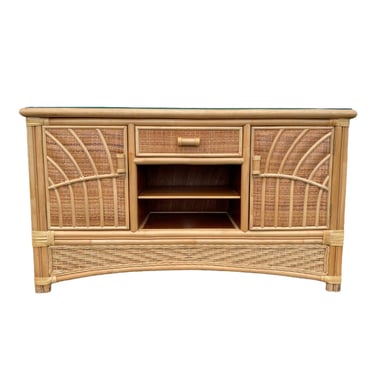 Rattan Sideboard with Bamboo & Wicker 48" - Vintage Buffet Cabinet Hollywood Regency Coastal Boho Chic TV Stand Credenza Glass Table Top 