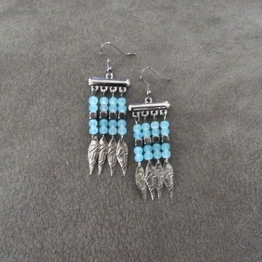 Baby blue frosted glass and gunmetal chandelier earrings 
