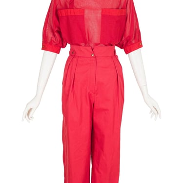 Claude Montana 1983 S/S Vintage Red Cotton Mesh Top & High-Waisted Trouser Set 