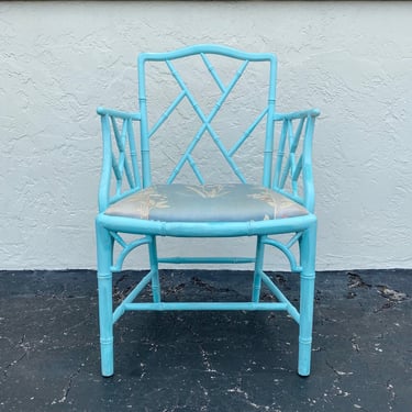 Vintage Chinese Chippendale Arm Chair Project FREE SHIPPING Distressed Turquoise Faux Bamboo Hollywood Regency Chinoiserie Coastal Furniture 