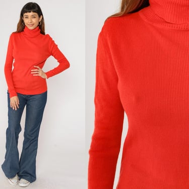 70s Red Turtleneck Sweater Ribbed Knit Pullover Sweater Retro Fitted Plain Minimalist Knitwear Vintage 1970s Acrylic Medium 