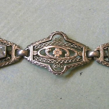 Antique Art Deco Sterling and Clear Glass Bracelet, Vintage Sterling Art Deco Bracelet, Old Sterling Filigree Bracelet (#4504) 