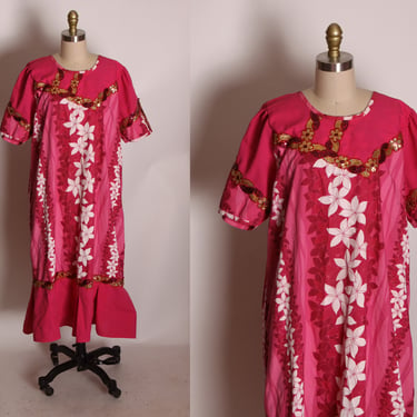 1980s Pink, White and Gold Short Sleeve Calf Length Hawaiian Muu Muu Dress -2XL 