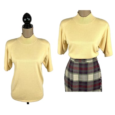 90s Plain Yellow Knit Top, Mock Neck Short Sleeve Sweater, Cotton Blend Minimalist 1990s Clothes Women Vintage Medium - MILANO DESIGN GROUP 