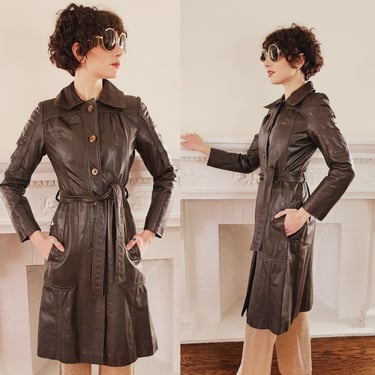 70s Brown Leather Trench Coat w- Accent Seams & Matching Belt - S 