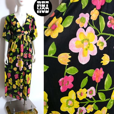 Fabulous Vintage 70s Black Yellow Pink Flower Power Caftan Dress 