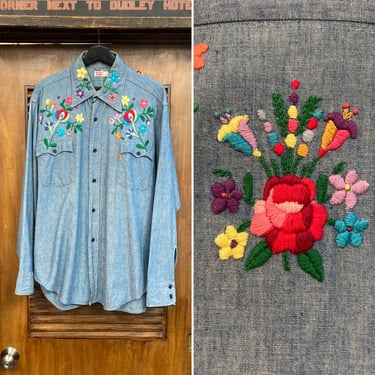 Vintage 1970’s Size XL Levi’s Orange Tag Hippie Rocker Chambray Embroidery Shirt, 70’s Vintage Clothing 