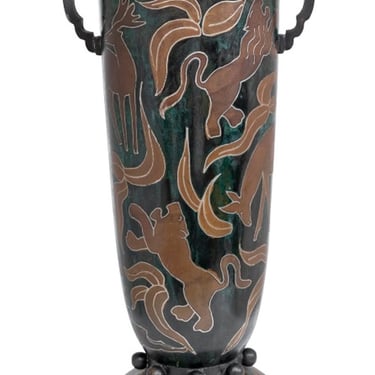 French Patinated Copper Two Handle Covered Vase