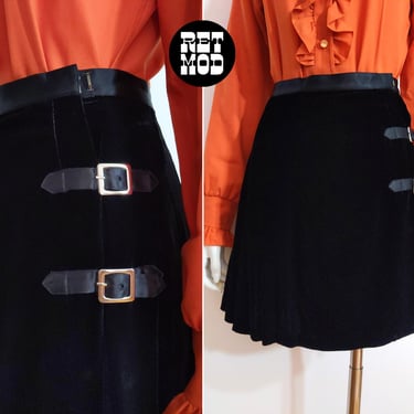 So Cute Vintage 90s Y2K Black Velvet Mini Pleated Wrap Skirt by Limited 