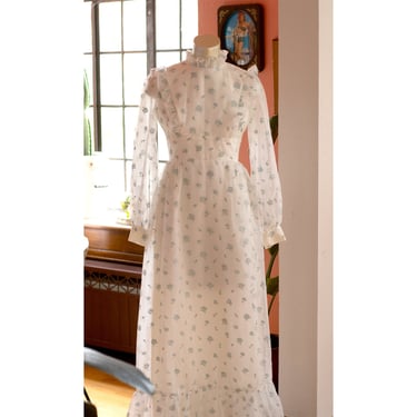 Vintage Prairie Dress - 1970s - Floral - White, Blue - Gunne Sax Style - Victorian, Boho, Maxi 