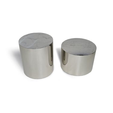 Milo Baughman Polished Stainless Steel Chrome Drum Side Tables