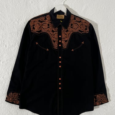 Skully  Gun Fighter Copper Embroidered  button up shirt  Sz L