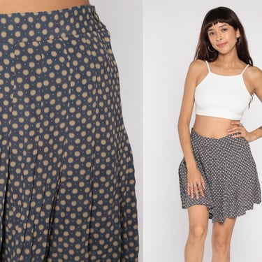 90s Pleated Skirt Sun Print Mini School Girl Skirt Blue-Grey Polka Dot High Waisted Preppy Retro Vintage 1990s High Waist Rayon Medium 8 