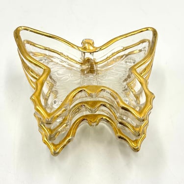 Jeanette Glass Butterfly Trinket Dishes with 22K Gold Trim, Set of 3, Vintage 70s Glassware, Butterflies, Ring or Coin Dish 