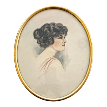 Vintage watercolor portrait Gibson Girl style painting in oval frame. Original signed watercolour of beautiful woman. 