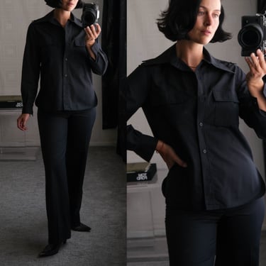 Vintage 70s GUY LAROCHE PARIS Black Safari Button Up Blouse & High Waisted Flare Leg Pant Set | Made in France | 1970s Designer Pant Suit 