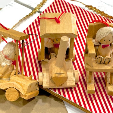 VINTAGE: 3pcs - Wooden Ornaments - Car, Train, Rocking Chair - Holiday, Christmas - Pull Toy Ornament - SKU Tub-28-00034500 