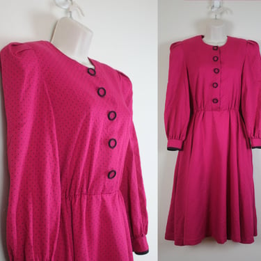 Vintage 1980s Pink and Black Polka Dot Dress, Size Small 