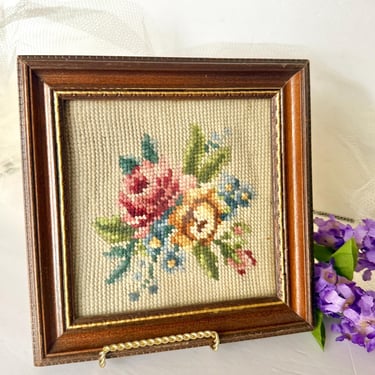 Vintage Needlepoint Wall Art, Wood Frame, Hand Stitched, Home Decor, Wall Hanging, Home Decor 