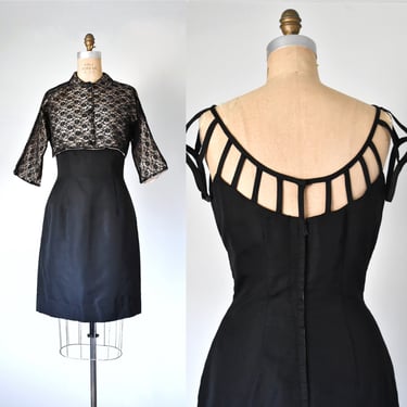 Bea 1950s silk crepe cut out dress and lace, 50s black dress, cropped jacket, silk dress, pinup cocktail dress, plus size vintage, plus size 