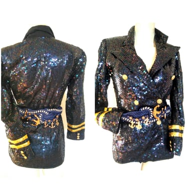 SANDY SATRKMAN Sequin nautical blazer beaded band jacket statment jacket navy blue gold dress coat womens vintage small 