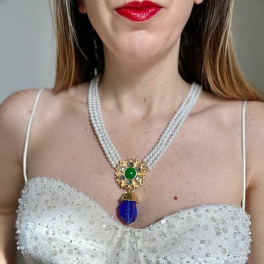 Designer Multi-Strand Glass Pearl Blue Jewel Pendant Necklace