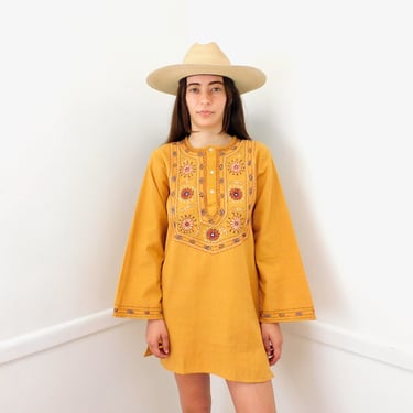 Indian Hand Embroidered Mini Dress // vintage 70s gold tunic blouse boho hippie hippy 1970s woven cotton // S/M 