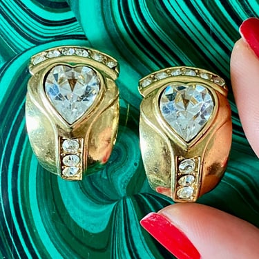 Glitzy Gold Crystal Heart Clip On Earrings