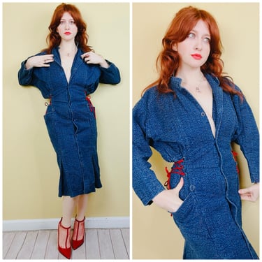 1980s Vintage Blue Denim Floral Wiggle Dress / 80s Dolman Sleeve Lace Up Cotton Corset Waist Dress / Size Small 