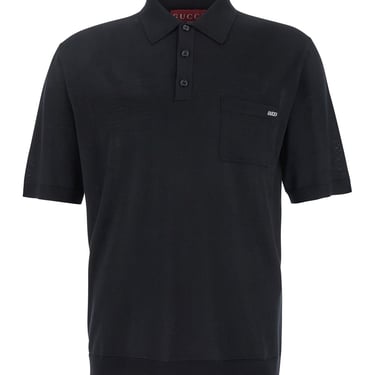 Gucci Black Polo Shirt With Chest Pocket And Embroidered Logo On The Front In Fine Silk Knit Man